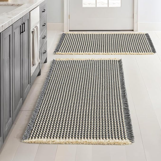 MIULEE Set of 2 Waffle Bathroom Rugs, Boho Bath Rugs Non Slip Washable, Super Absorbent Bath Mats, Ultra Soft Rubber Backed Shower Mats for Bathroom Floor, Tub, Shower, Dark Grey & Yellow, 24x36 Inch