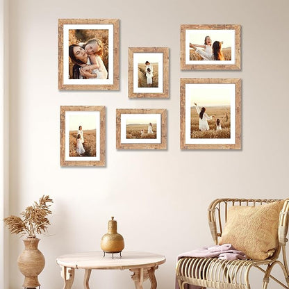 iRahmen 8x8 Picture Frame with Mat 6x6 - High Definition Real Glass Wooden Photo Frames for Tabletop Display and Wall Mounting (Rustic Brown, Set of 2)