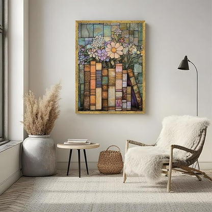 Large Gold Framed Stained Glass Books Wildflower Canvas Poster Print Vintage Floral Library Wall Art Trendy Flower Artwork Mid-century Botanical Book Stack Painting Pictures Wall Decor 24x36inch