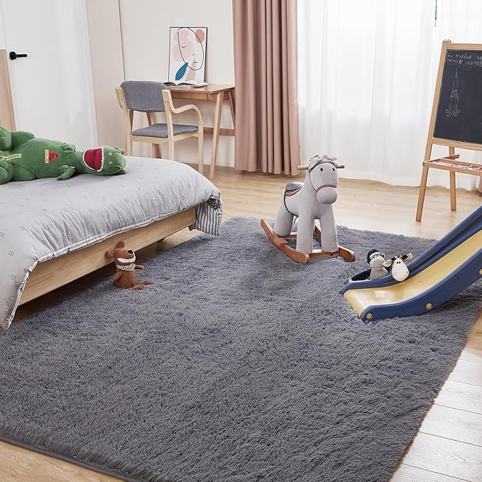 Puremy Fluffy Shag Area Rug, 4x6 Grey Rugs for Bedroom, Soft Plush Area Rugs for Living Room, Non-Slip Indoor Carpet for Nursery, Study Room, Dressing Room, Home Decor