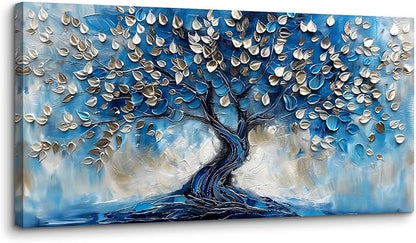 crmotu Tree of Life Large Wall Art for Living Room, Blue Tree Canvas Decor Paintings Abstract Art Prints, Neutral Navy Blue Pictures Wall Decor for Bedroom Bathroom Office Modern Home Decor 29"X57"