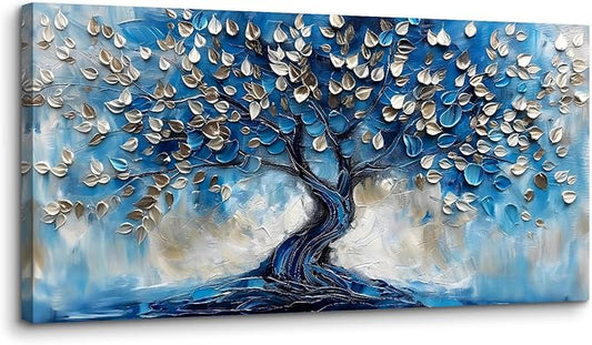 crmotu Tree of Life Large Wall Art for Living Room, Blue Tree Canvas Decor Paintings Abstract Art Prints, Neutral Navy Blue Pictures Wall Decor for Bedroom Bathroom Office Modern Home Decor 29"X57"