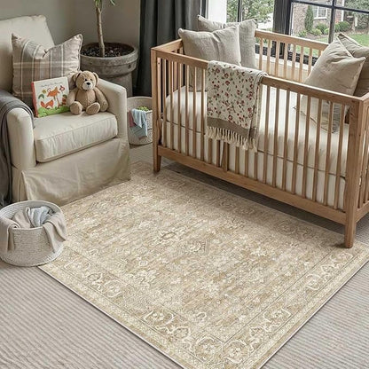 3x5 Washable Area Rug for Entryway Vintage Beige Non Slip Low Pile Carpet Traditional Retro Soft Throw Rug for Entrance Bathroom Door Mat Indoor Dorm Dining Room