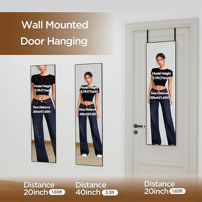 NARCISSUS 47x14 Mirror Door Hanging Full Length,Over Door or Wall Mounted Aluminum Alloy Frame Tempered Glass Rectangle Full Body Mirrors for Bedroom Dressing Living Room Bathroom 47 inch Black