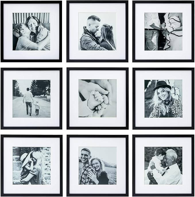 ArtbyHannah Photo Collage Frames for Wall, 12x12 Inch Square Picture Frame for Living Room or Staircase Decoration (Black, 9 Pack)