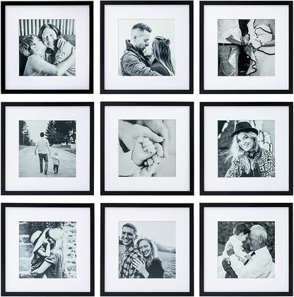 ArtbyHannah Photo Collage Frames for Wall, 12x12 Inch Square Picture Frame for Living Room or Staircase Decoration (Black, 9 Pack)