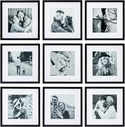 ArtbyHannah Photo Collage Frames for Wall, 12x12 Inch Square Picture Frame for Living Room or Staircase Decoration (Black, 9 Pack)