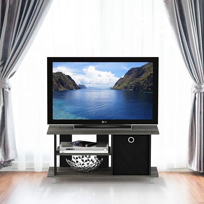 Furinno Simplistic TV Stand, 3-Tier Entertainment Center, Open Shelf TV Console for TV up to 33 Inch with Bin Drawers, for Living Room, Bedroom, French Oak
