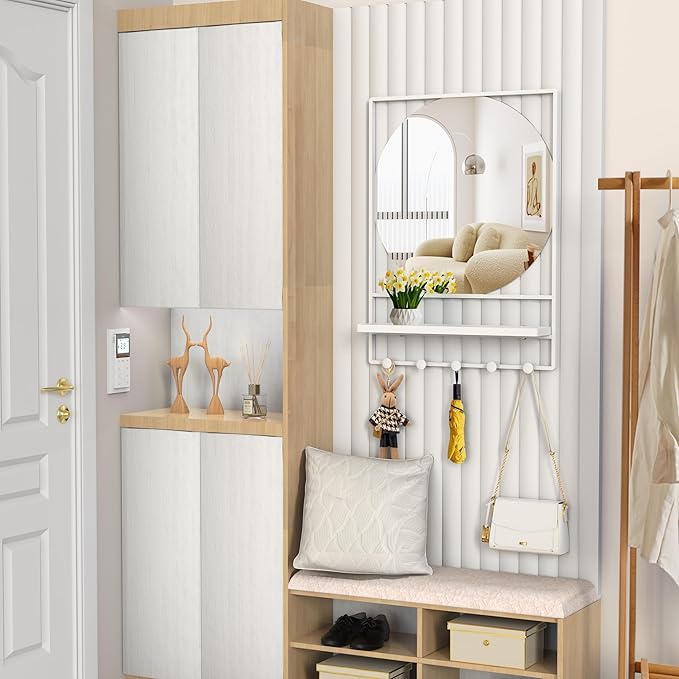 21" X 28" Wall Mirror with Shelf and Hooks,Entryway Mirror with Hooks, Metal Framed Bathroom Mirror with Shelf for Bathroom, Bedroom, Living Room (White, 21 x 28)