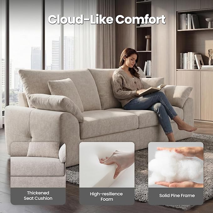 89.8" Modern Loveseat Sofa for Living Room, Cloud Boneless Couches with 4 Pillows, Mid Century Loveseat couches for Small Place, No Assembly Required, Camel