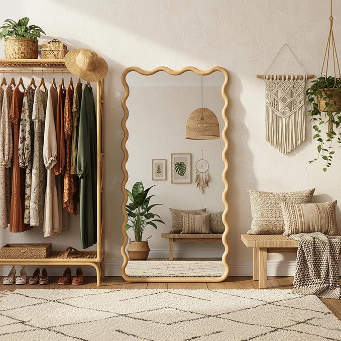Full Length Mirror, 55"x28" Boho Wavy Wood Floor Mirror, for Bathroom, Bedroom, Living Room, Cloakroom, Entryway