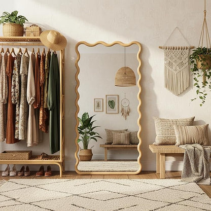 Full Length Mirror, 55"x28" Boho Wavy Wood Floor Mirror, for Bathroom, Bedroom, Living Room, Cloakroom, Entryway