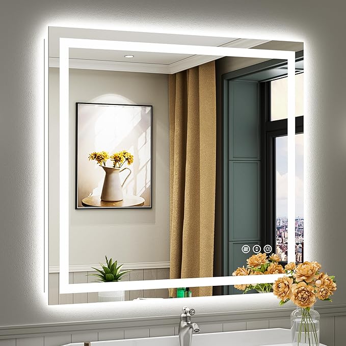 Briivue 40x38 Inch LED Bathroom Mirror with Lights, Backlit & Front Lit, Anti-Fog Lighted Bathroom Vanity Mirror for Wall, Memory Function, Dimmable, HD Tempered Glass, Shatter-Proof