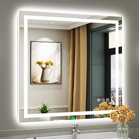 Briivue 40x38 Inch LED Bathroom Mirror with Lights, Backlit & Front Lit, Anti-Fog Lighted Bathroom Vanity Mirror for Wall, Memory Function, Dimmable, HD Tempered Glass, Shatter-Proof