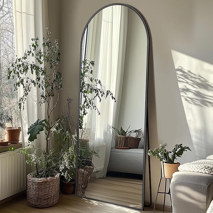 Full Length Mirror with Stand, 56"x15" Arched Full Body Mirror, Large Stand Up Aluminum Frame Floor Freestanding Hanging Leaning Mounted for Bedroom Living Room Entryway Black