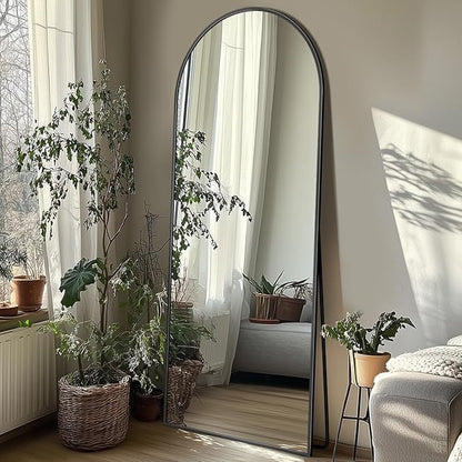 Full Length Mirror with Stand, 56"x15" Arched Full Body Mirror, Large Stand Up Aluminum Frame Floor Freestanding Hanging Leaning Mounted for Bedroom Living Room Entryway Black