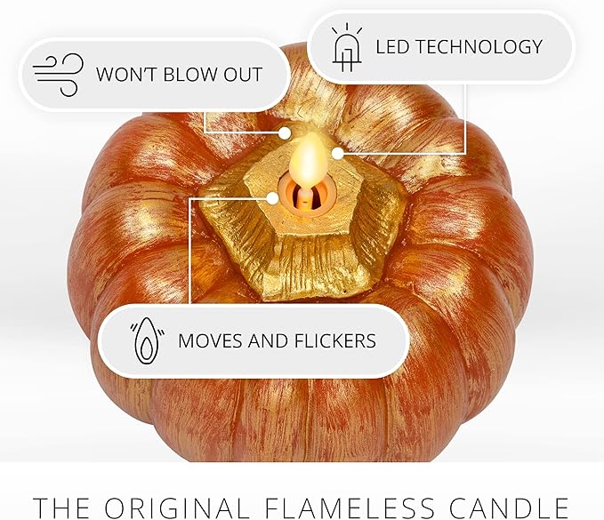 Luminara - Flameless Halloween LED Candle Battery Operated Moving Flame - Metallic Gold Orange Pumpkin - Pack of 1-5x4.5 - Unscented Indoor Use