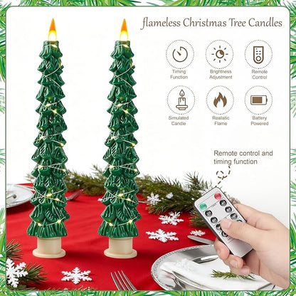 2-Pack Christmas Tree Flameless LED Candles with String Lights, Realistic 3D Flickering Flame, Remote Control, Battery-Operated Christmas Decorations for Home & Holiday Display