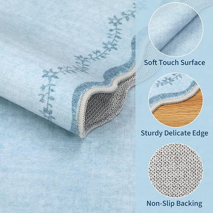 GarveeHome 2x6 Scalloped Washable Runner Rug for Kitchen, Soft Blue Hallway Runner Non Slip Entryway Rug Farmhouse Thin Laundry Mat Stain Resistant Carpet for Bedroom Bathroom Beside Rug
