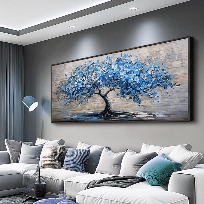 ERQINHUA Large Canvas Blue Tree Printed Painting Wall Decor For Living Room Office Wall Art For Bedroom Abstract Farmhouse Restaurant Mural Artwork Picture Home Decoration Black Framed 32x72 In