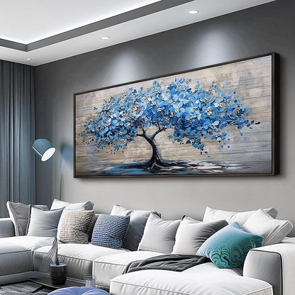 ERQINHUA Large Canvas Blue Tree Printed Painting Wall Decor For Living Room Office Wall Art For Bedroom Abstract Farmhouse Restaurant Mural Artwork Picture Home Decoration Black Framed 32x72 In
