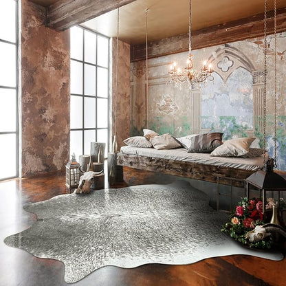 Washable Cowhide Rug for Living Room, Large 6x7 Grey Speckled Faux Cow Print Area Rugs, Non Slip Animal Skin Bedroom Carpet, Rustic Cabin Modern Farmhouse Home Decor Fake Hide Floor Mat