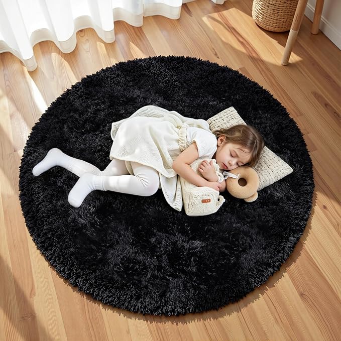 Black Round Fluffy Rug 5ft Plush Fuzzy Shaggy Carpet,Soft Rugs for Living Room for Nursery,Preppy Dorm,Classroom,Playroom,Teen,Baby Home Decor (Black 5"x5")