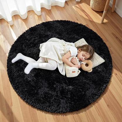 Black Round Fluffy Rug 6ft Plush Fuzzy Shaggy Carpet,Soft Rugs for Living Room for Nursery,Preppy Dorm,Classroom,Playroom,Teen,Baby Home Decor (Black 6"x6")