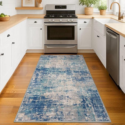 KILOCOCO Abstract Area Rug 3x5 Entryway Rug Washable Kitchen Rugs Non Slip Soft Pinted Entrance Rugs Indoor Mat for Front Door Foyer Farmhouse Living Room Floor Carpet, Blue/Grey/Beige