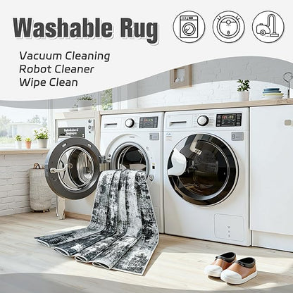 Area Rug 6x9 Living Room Rug Washable: No-Slip Abstract Soft Thin Large Black Rugs, Indoor Floor Stain Resistant Modern Carpet for Bedroom Dining Room Farmhouse Nursery Home Office (Black, 6'x9')