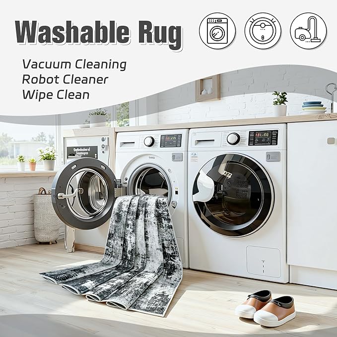 Area Rug 9x12 Living Room Rug Washable: No-Slip Abstract Soft Thin Large Black Rugs, Indoor Floor Stain Resistant Modern Carpet for Bedroom Dining Room Farmhouse Nursery Home Office (Black, 9'x12')