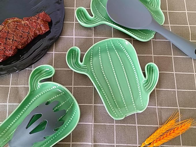 Ceramic Spoon Rest for Stove Top & Kitchen Counter Spoon Holder for Stove & Cooking Spoon Holder for Ladle Cute Coffee Spoon Rest Utensil Rest Spatula Rest, Green Cactus Kitchen Decor & Accessories