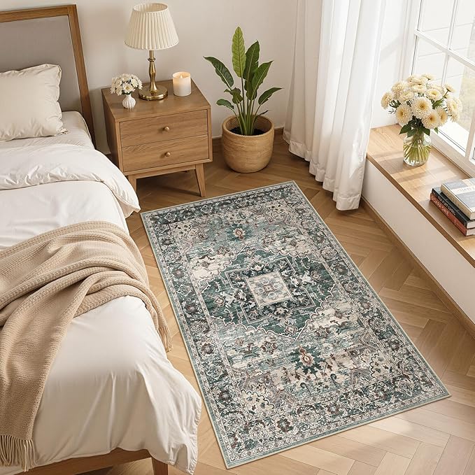 3x5 Washable Area Rugs for Living Room: Non Slip Vintage Green Rug, Large Soft Stain Resistant Indoor Floor Carpets for Bedroom Dining Room Nursery Home Office Kid & Pet Friendly