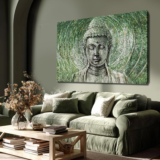 ZENPEE Large Green Buddha Wall Art 32x48 Inch, Zen Canvas Wall Art for Living Room Bedroom, Spiritual Meditation Wall Decor, Buddha Print for Home