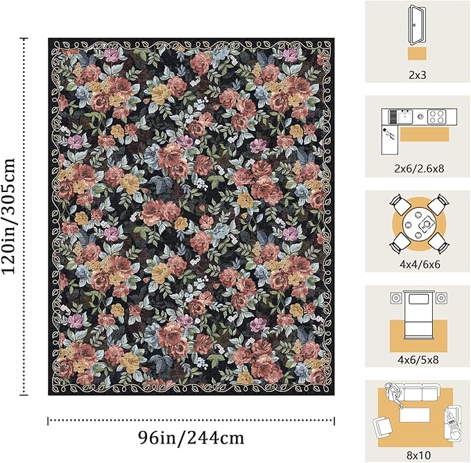 8x10 Machine Washable Area Rug for Living Room, Dark Blue Black Vintage Boho Floral Rug Large Non-Slip Low Pile Soft Faux Wool Carpet Kids and Pets Friendly for Bedroom Dining Room Farmhouse Decor Rug