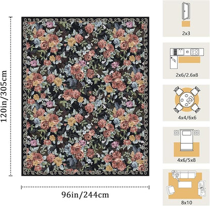 8x10 Machine Washable Area Rug for Living Room, Dark Blue Black Vintage Boho Floral Rug Large Non-Slip Low Pile Soft Faux Wool Carpet Kids and Pets Friendly for Bedroom Dining Room Farmhouse Decor Rug