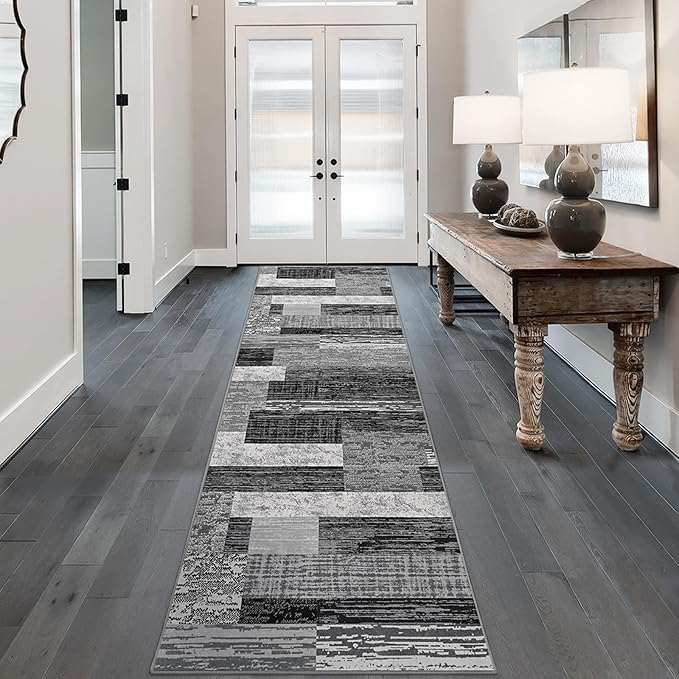 FlyDOIT Modern Geometric Patchwork Runner Rug, 2.7x10 Grey Runners for Hallways Non Slip, Washable Indoor Bedside Rugs for Bedroom, Floor Throw Carpet Runners for Entryway Kitchen Bathroom Laundry