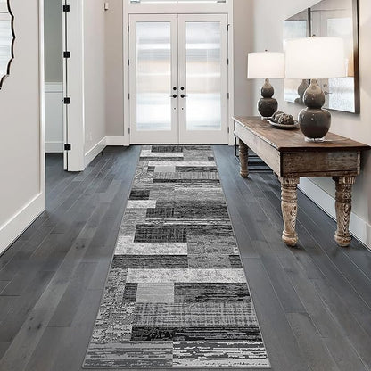 FlyDOIT Modern Geometric Patchwork Runner Rug, 2.7x10 Grey Runners for Hallways Non Slip, Washable Indoor Bedside Rugs for Bedroom, Floor Throw Carpet Runners for Entryway Kitchen Bathroom Laundry