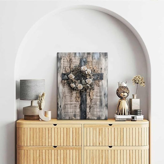 Vintage Cross Christian Wall Art, White Rose Wreath Canvas Paintings Prints Posters Wall Decor, Retro Religious Music Score Church Decor Suitable for Study Prayer Room 24x36 in Framed
