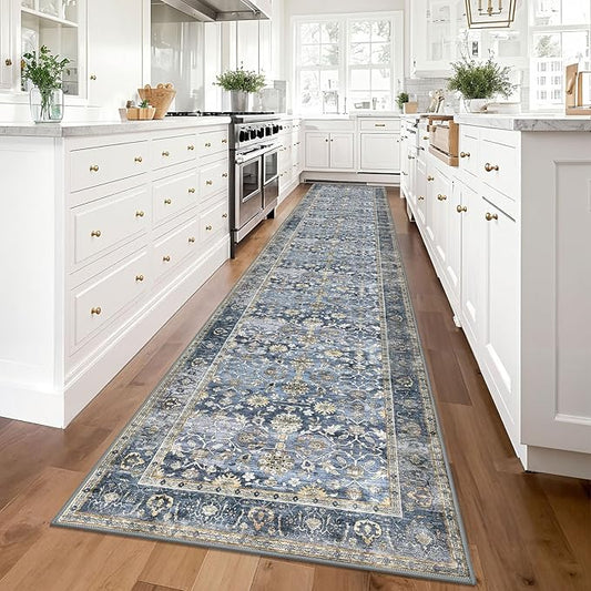 KUTA Vintage Washable Runner Rug 2.6x14, Non-Slip Hallway Kitchen Runners Blue Grey Beige with Rubber Backing, Ultra Soft Printed Distressed Extra Long 14ft Carpet Rugs Indoor for Stairs