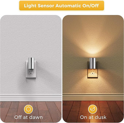 L LOHAS LED Night Light, Night Lights Plug into Wall, 1-Pack, Smooth Silver Glossy Plating Metal-Shade Nightlight, Light Sensor, Soft White 3000K, Dimmable Night Light Plug in for Hallway Bedroom