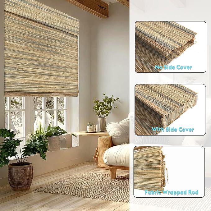 Motorized Bamboo Roman Shades, Motorized Blinds with Remote Compatible with Homekit, Alexa GoogleHome, Smart Wood Woven Shades for Indoor Windows, Customize, Desert Thatch