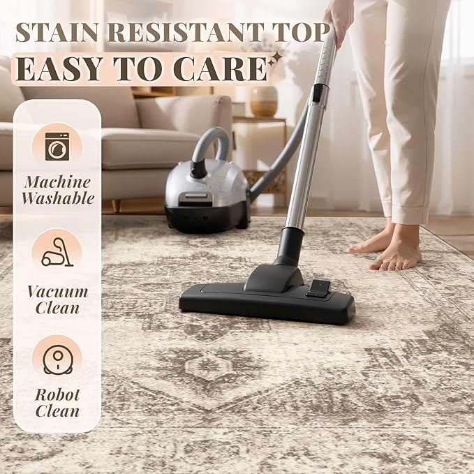 Area Rug 9x12 Vintage Rugs: Large Washable Indoor Medallion Rug Low Pile Distressed Floor Carpet Retro Accent Rugs for Living Room Bedroom Kitchen Dining Table Home Office(Taupe, 9'x12')