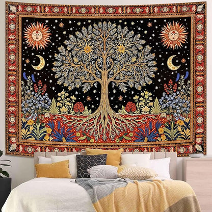 Lunerfex Tree of Life Wall Tapestry - Celestial Sun & Moon Wall Hanging for Bedroom and Living Room Decor - Boho Starry Night Tapestries 90"x70"