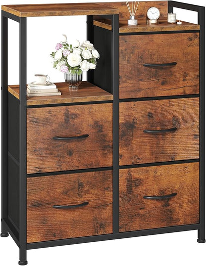 DUMOS TV Stands for Bedroom with 5 Drawers, 5-Drawer Chest of Drawers with Raised Shelf, Storage Tower with Fabric Bins for Closet Organization, Hallway Storage, Tank