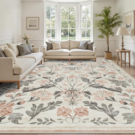 10x14 Area Rugs Washable Rug: Lagre Boho Living Room Rug Soft Non-Slip Thin Carpet Indoor Floor Non-Shedding Neutral Floral Carpets for Bedroom Dining Room Farmhouse Nursery Pink