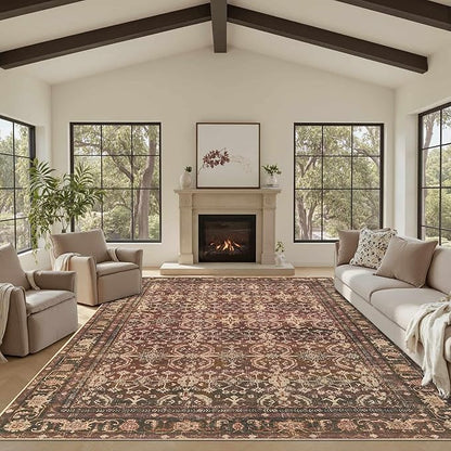Rugxara 8x10 Area Rugs for Living Room Bedroom, Large Washable Christmas Rug, Vintage Oriental Boho Rug, Non Slip & Low Pile Faux Wool Thin Carpet for Indoor Dining Room and Kids Room(Red 8x10ft)