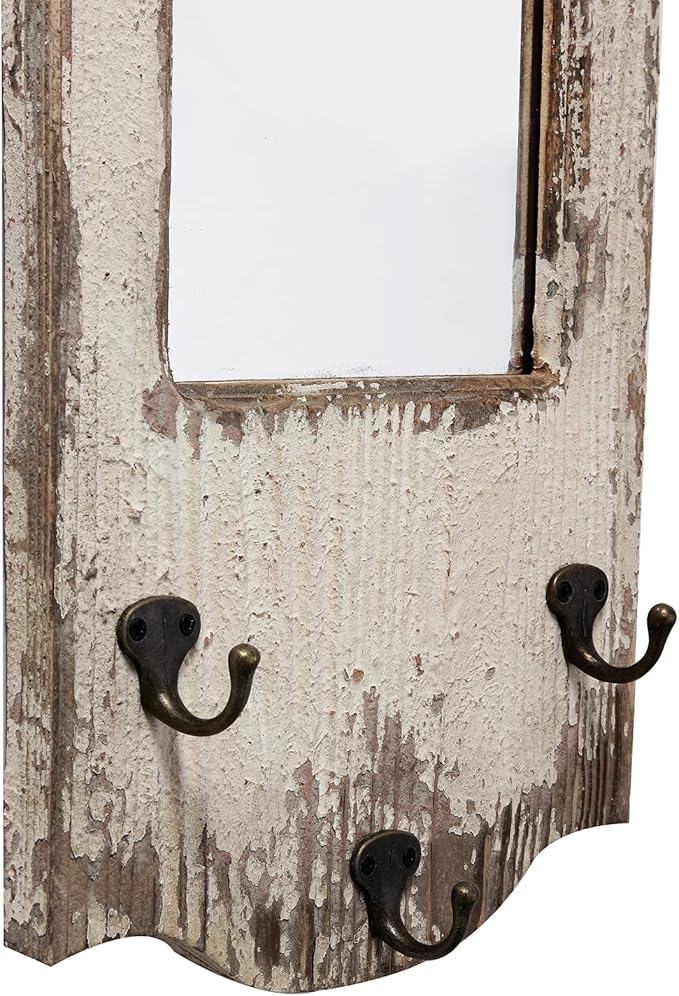 Rustic Entryway Arched Wall Mirrors with 3 Metal Hooks 12" x 22", Hanging Distressed White Wood Frame Farmhouse Bathroom Mirrors for Vanity, Ornate Mirror Wall Decor Living Room