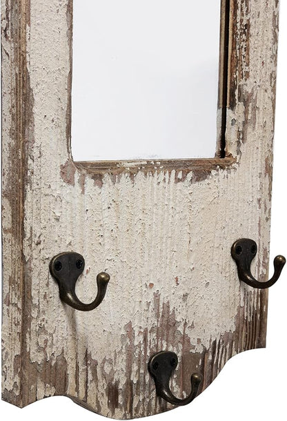 Rustic Entryway Arched Wall Mirrors with 3 Metal Hooks 12" x 22", Hanging Distressed White Wood Frame Farmhouse Bathroom Mirrors for Vanity, Ornate Mirror Wall Decor Living Room