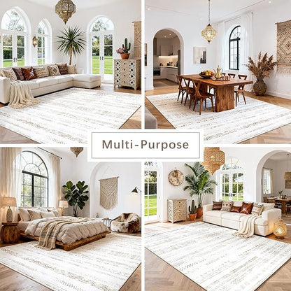 Srugn Moroccan Washable Rugs 8x10 Area Rugs for Living Room,Bedroom,Dining Room- Large Ultra Soft Faux Wool Retro Carpet,Non Slip&Non-Shedding Low Pile Vintage Print Rug-(Light Brown-White)